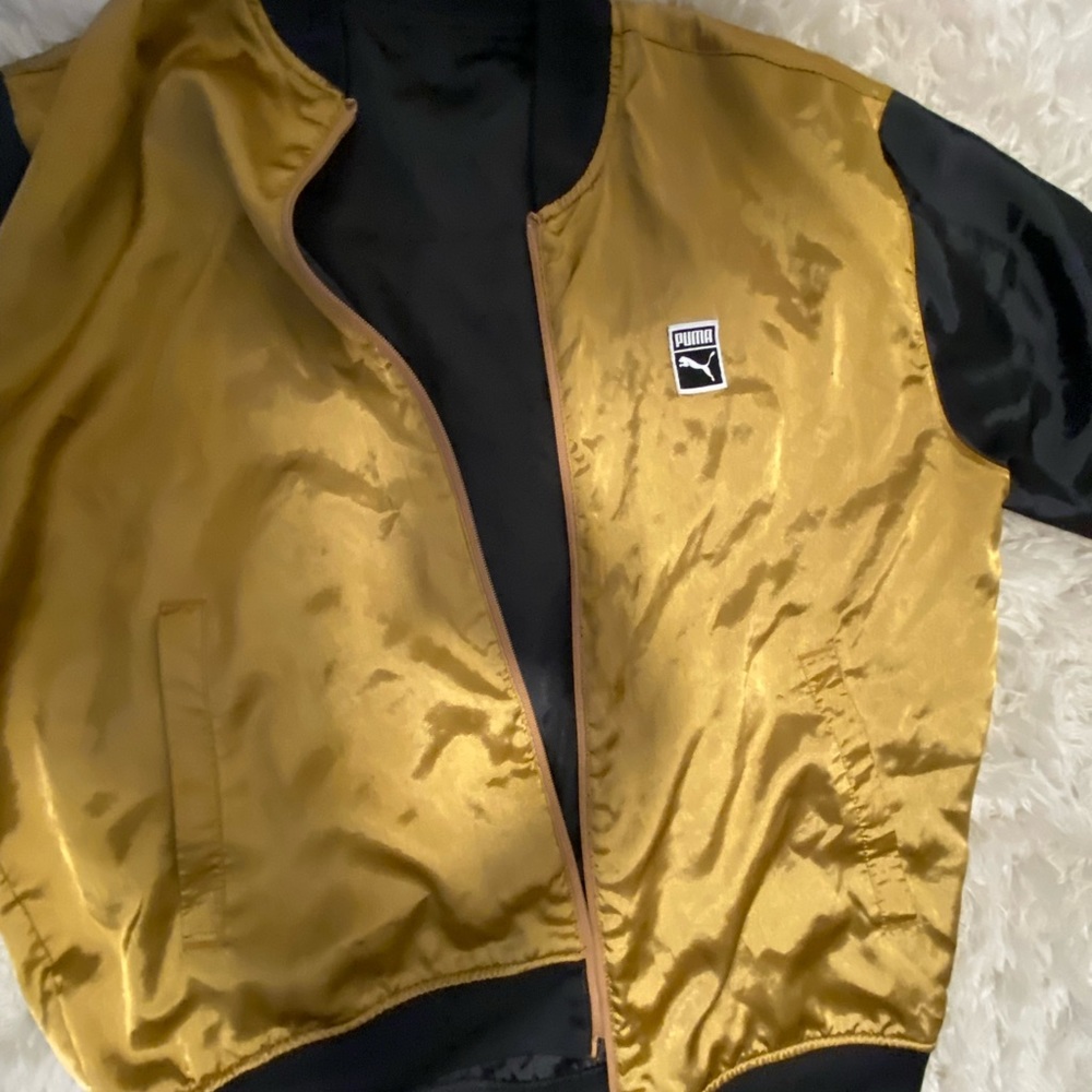 Puma black and gold reversible satin bomber jacket size large